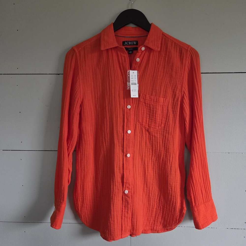 J.CREW Classic Crinkle Cotton Button-Up Shirt Orange Long Sleeve Women